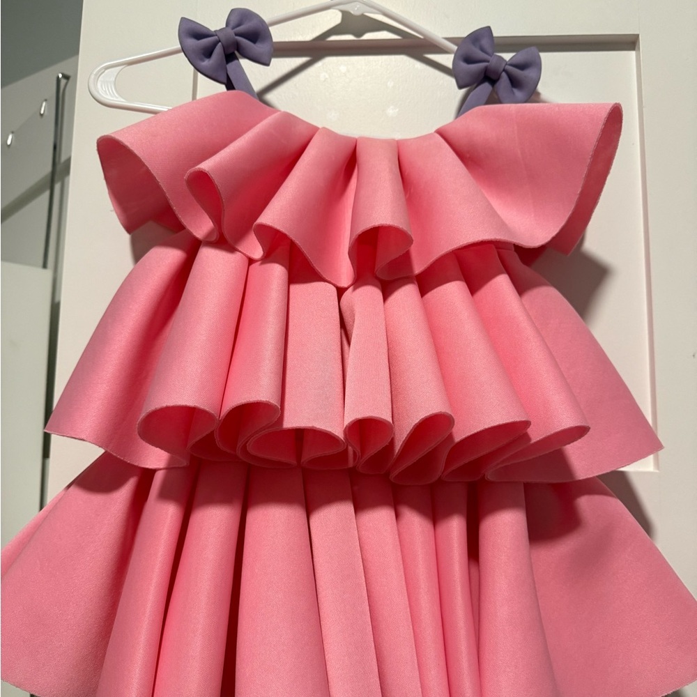 Pink Ruffled Dress with Purple Bow Straps - Worn Once, Formal Party Dress | 3T